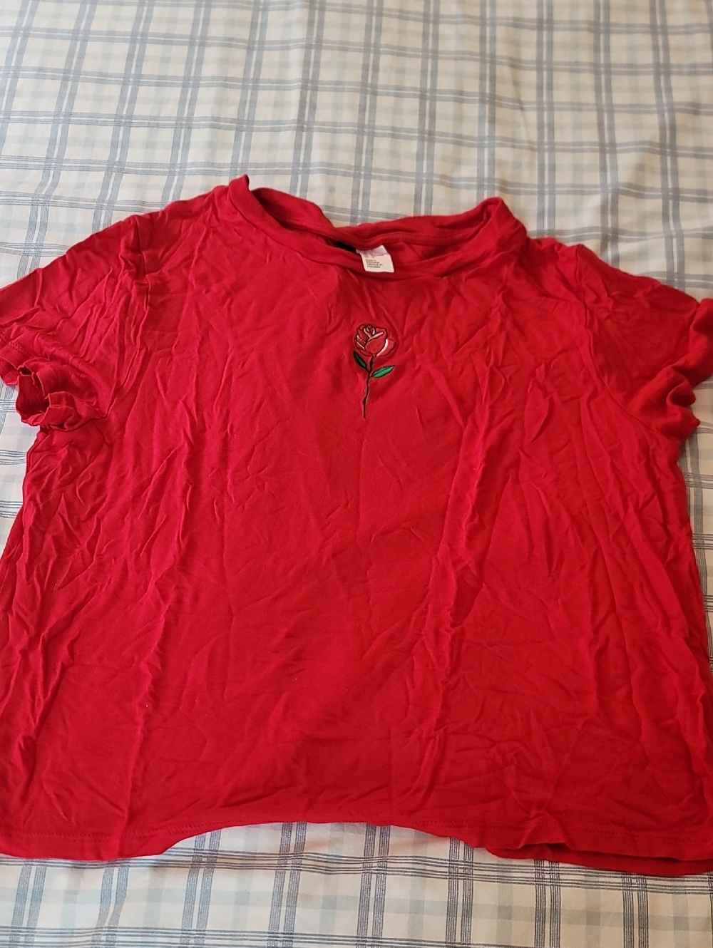Red Tee with Embroidered Rose